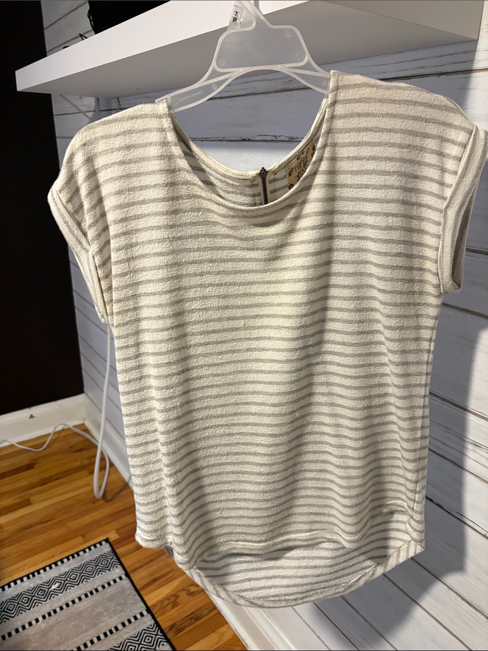 Hippie Rose Cream and Gray Striped Cap-Sleeve Top